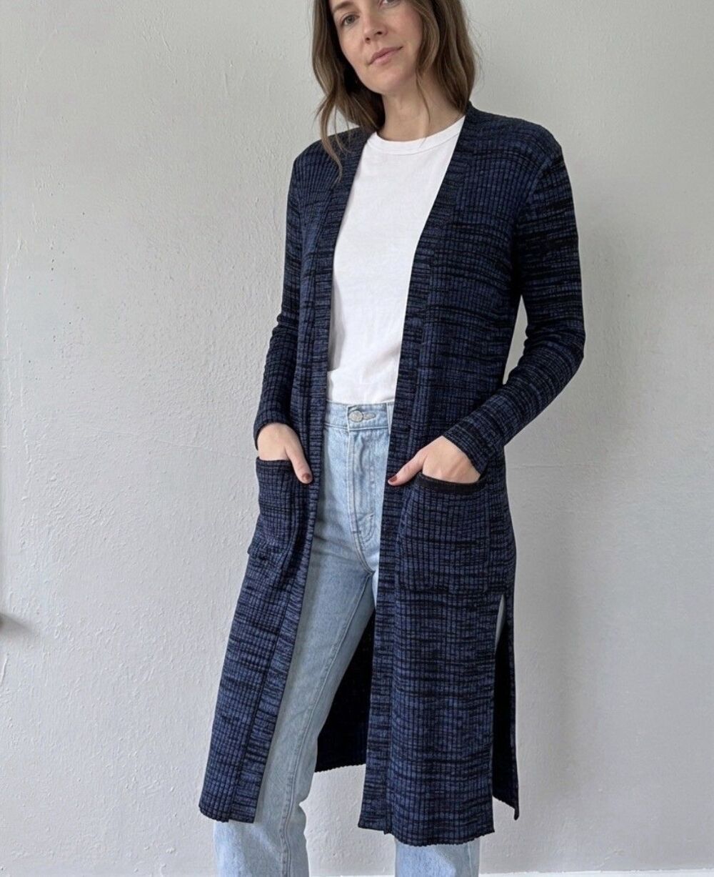 Faded Glory Women's Ribbed Duster Maxi Cardigan pocket Dark Blue Size L 12-14